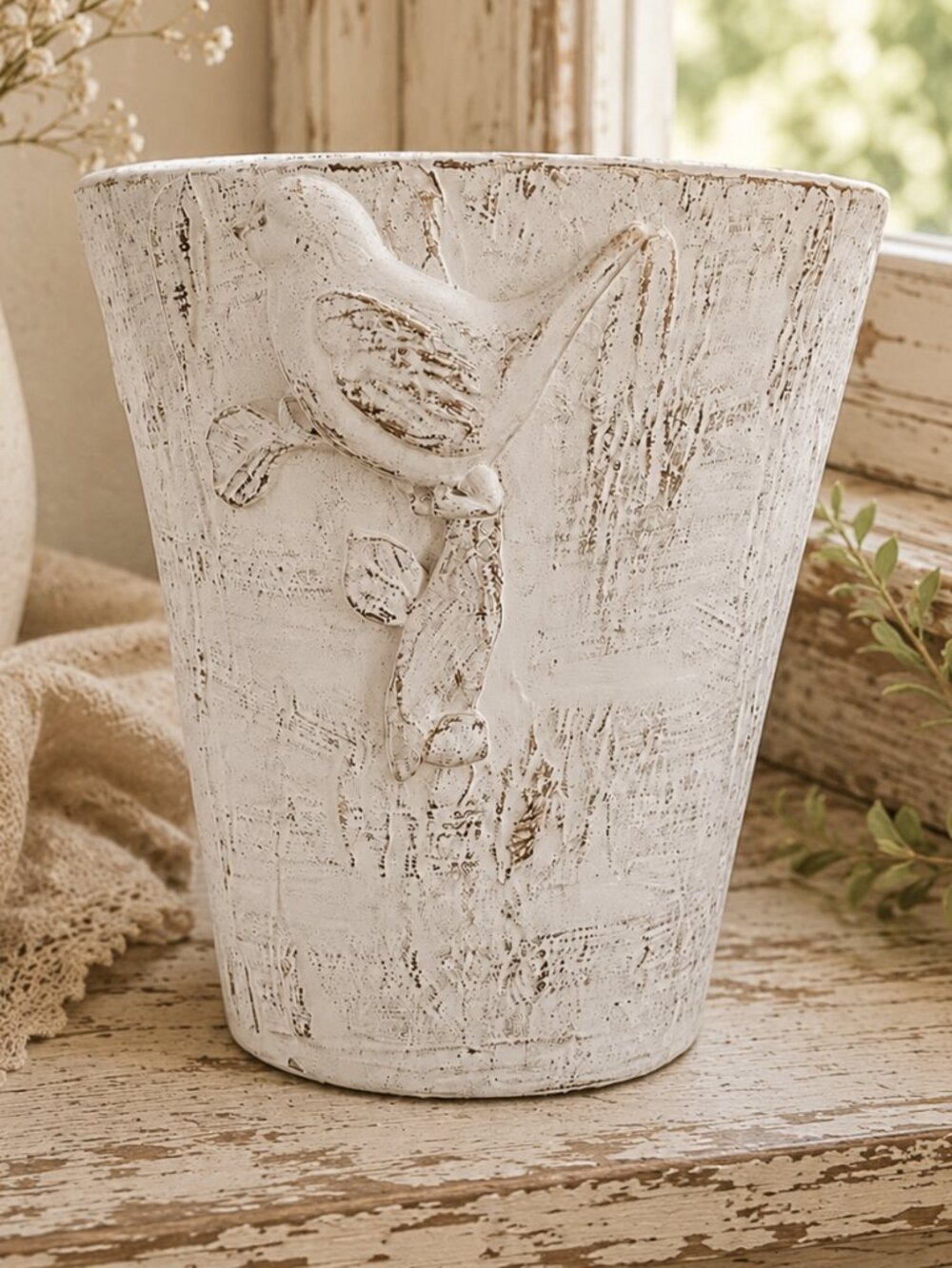 Made in Italy Vintage Large Textured Planter With Sculpted Perched Bird Accent